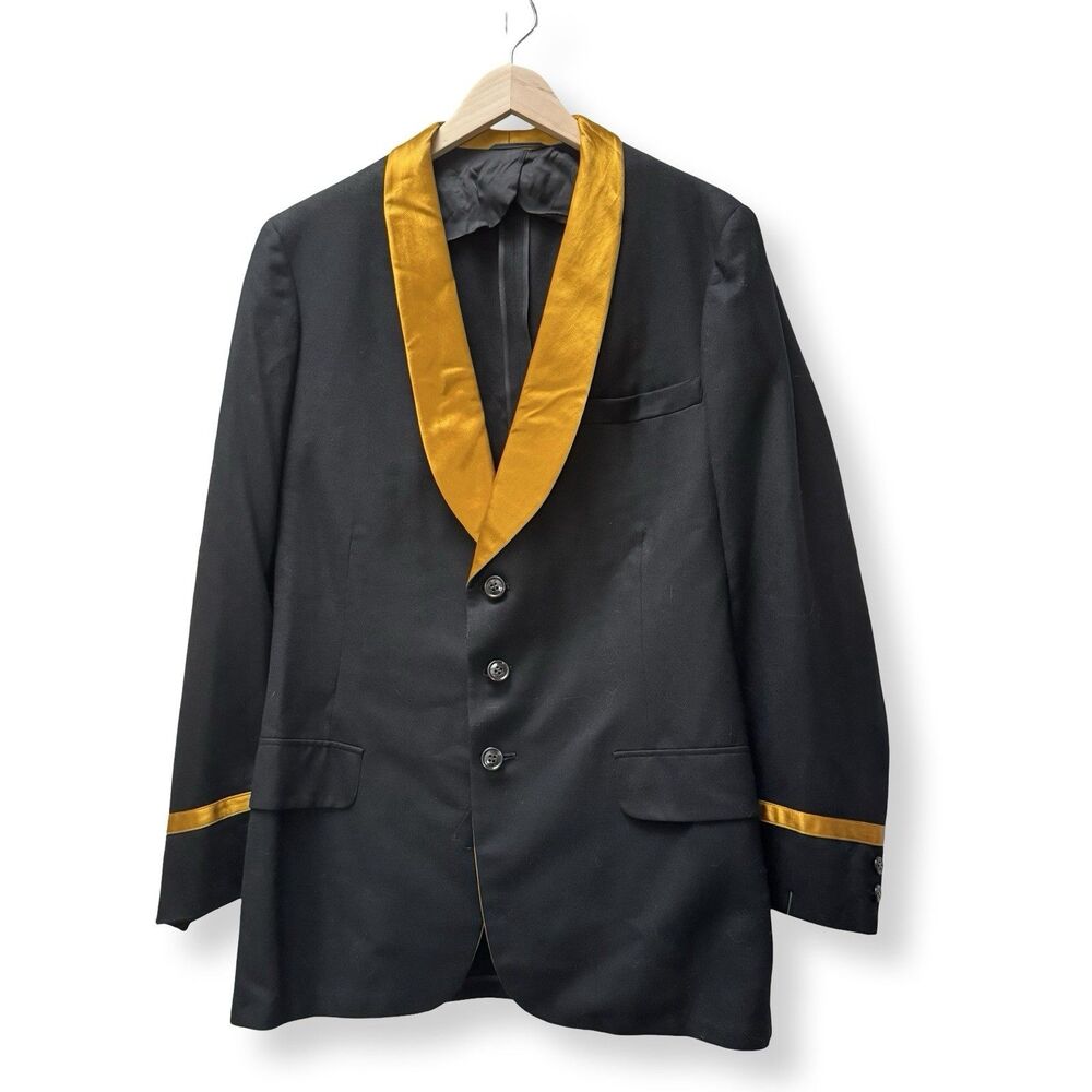 Vintage 1960s Black Band Jacket Gold Satin Shawl Lapel 39L Brooks Tuxedo Tux
